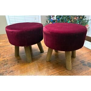 Pair of Matching Red Velvet Foot Stool With Wooden Legs 10.5” tall x 11.5”w